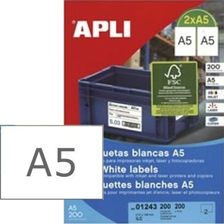 APLI Etiquetas Adhesivas - 210x148mm - A5 - Inkjet / Láser C. Rectos - 1 X 200h - Blanco