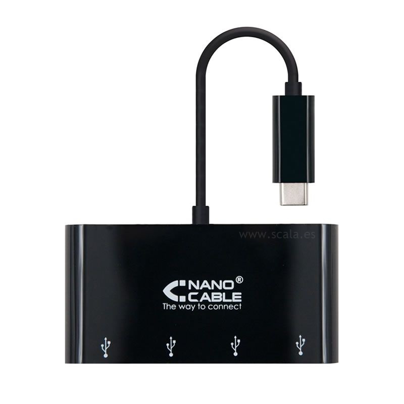 Adaptador USB Tipo-C a 4xUSB 3.0 - Nanocable 10.16.4401-BK - Conectores USB Tipo-C Macho a 4xUSB 3.0 Hembra - Cable 10CM - Negro