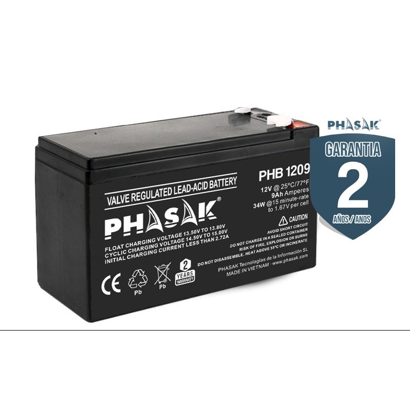 Batería Phasak PHB 1209 Compatible con SAI / UPS Phasak - 12V - 9 Ah