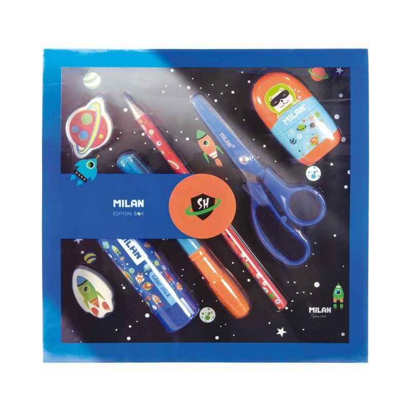 Caja de Regalo Milán Box Super Heroes Space Azul - Contiene Lápiz + Bolígrafo + Barra Pegamento + Tijeras + Afilaborra