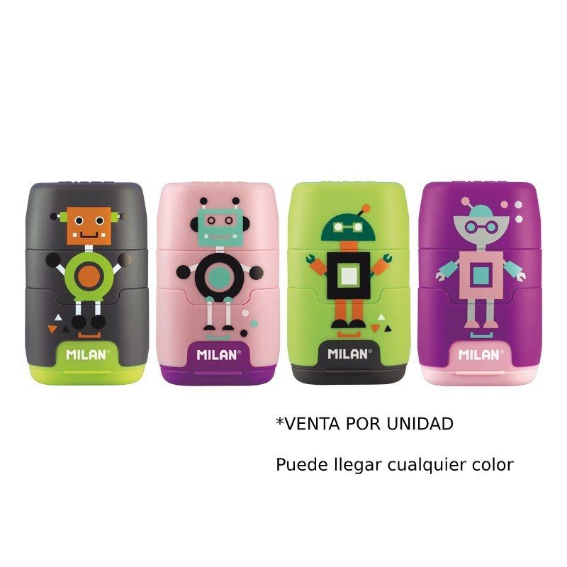 Combinación de Goma y Sacapuntas Compact Happy Bots - Colores Surtidos - Milan 4722116