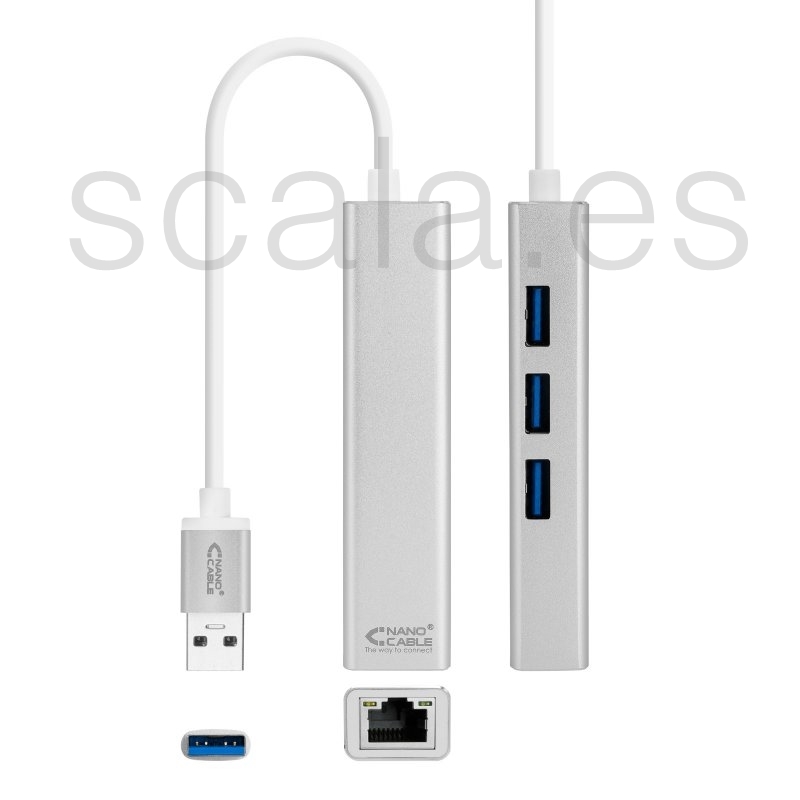 Conversor USB 3.0 a Gigabit Ethernet + Hub 3 Puertos USB 3.0 - Nanocable 10.03.0403