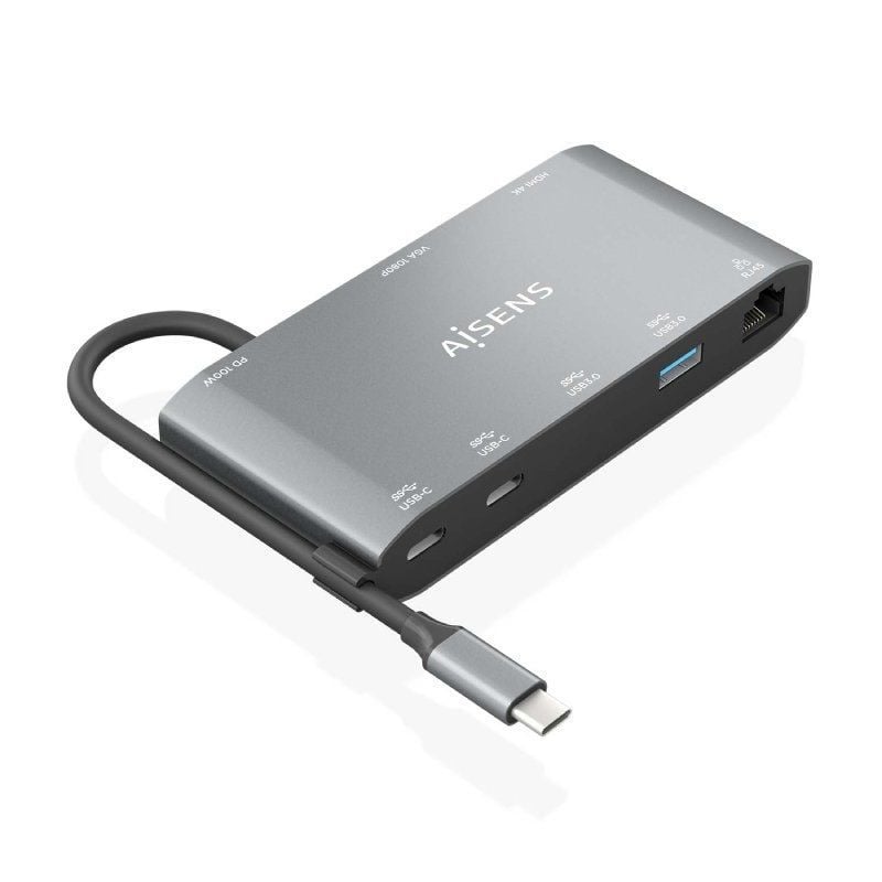 Docking USB Tipo-C - 1xHDMI + 1xVGA + 2xUSB + 1xRJ45 + 2xUSB Tipo-C + 1xUSB Tipo-C PD - Gris - Aisens ASUC-8P010-GR