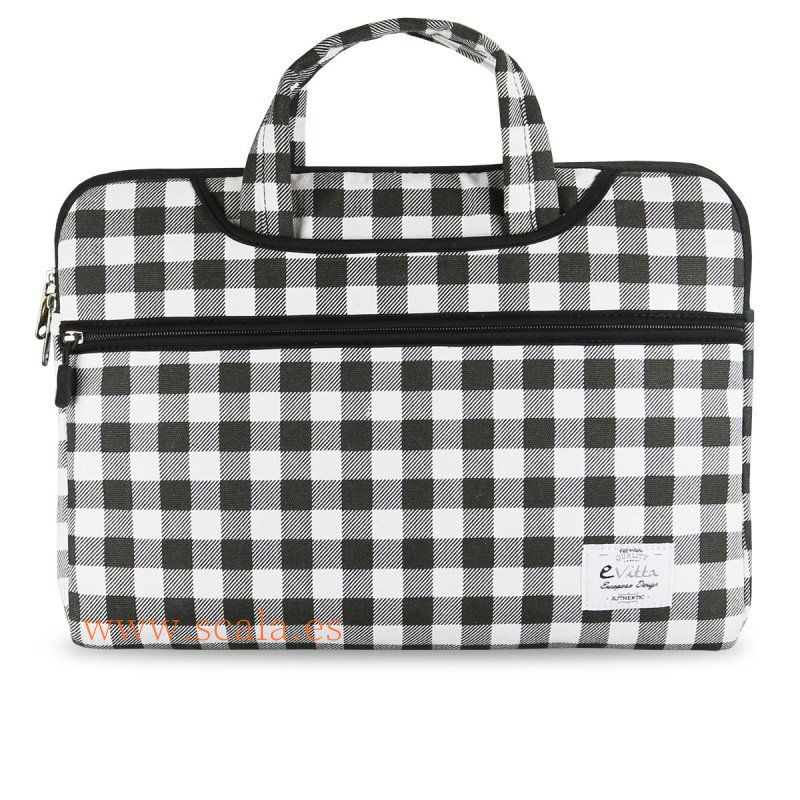 Funda E-Vitta Chequered Negro / Blanco - Para Portátiles Hasta 15.6" - Interior Terciopelo - Asas de Mano - Cinta Trolley - Correa de Hombro