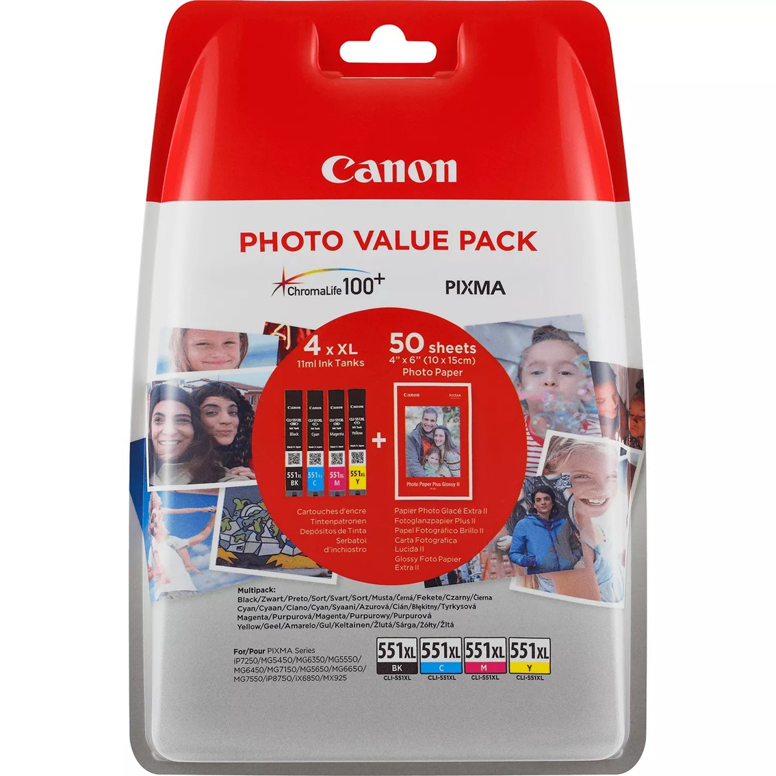 Multipack Canon CLI-551XL [ Negro + Cian + Magenta + Amarillo ] + 50 Hojas Papel Fotografico - 6443B006