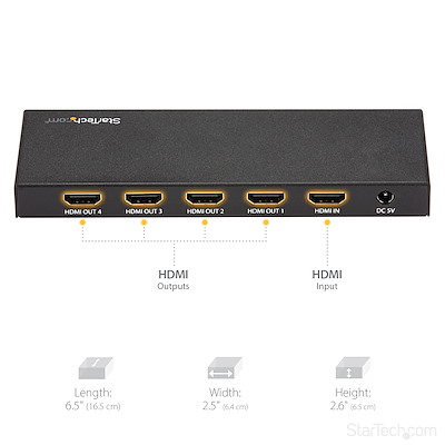 Multiplicador HDMI de 4 puertos - 4K 60Hz - Splitter de Vídeo 1 Entrada 4 Salidas - HDMI 2.0 - HDR - ST124HD202