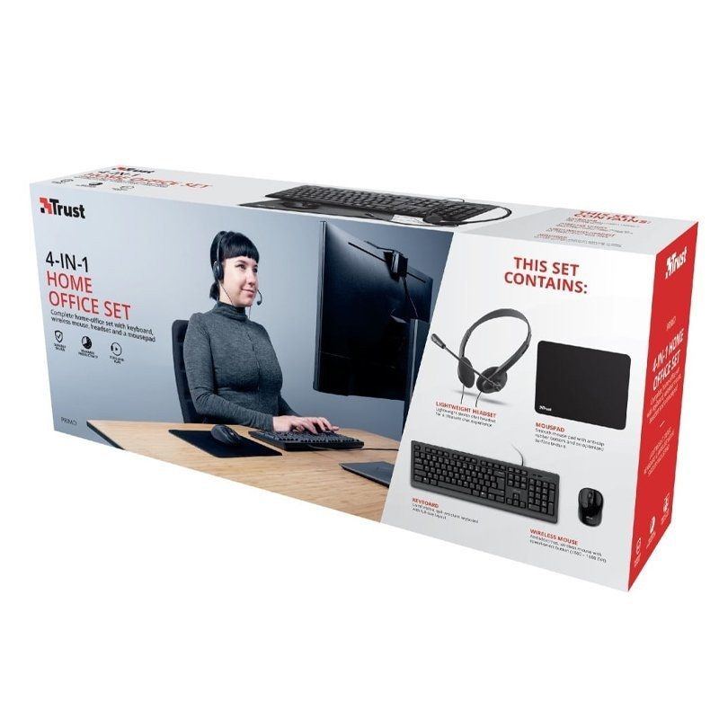 Pack 4 en 1 Trust Primo Home Office Set - Teclado + Ratón Inalámbrico + Auriculares + Alfombrilla