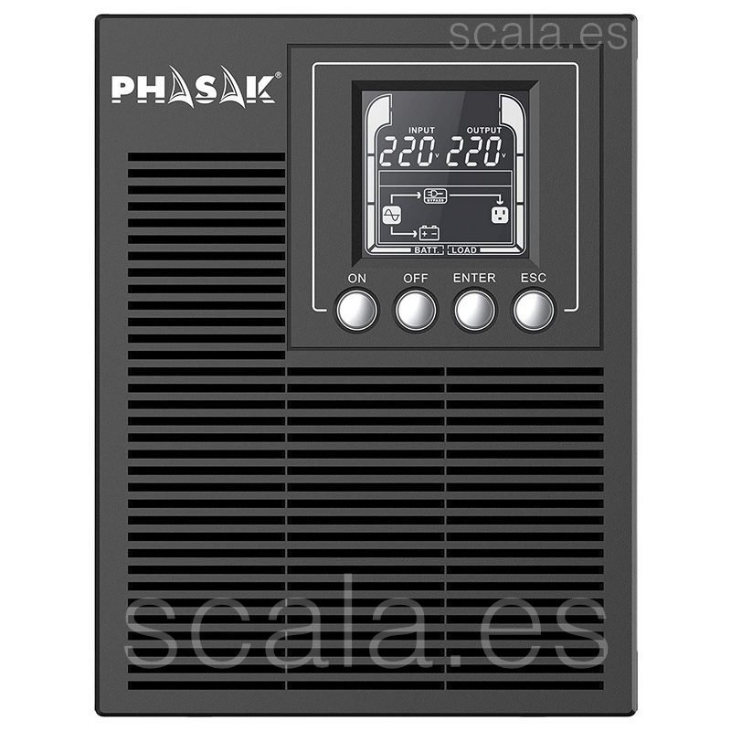 SAI Phasak PH 9210 - 1 KVA / 900W - Online - Formato Torre - 3 Salidas Schuko - LCD - Baterías 2 x 9Ah