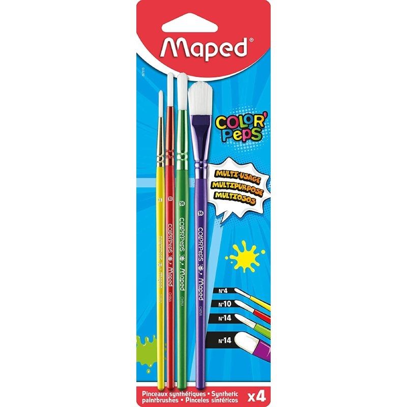 Set 4 Pinceles Maped Color'Peps 867810 - 3 Redondos / 1 Plano - Mangos Madera de Colores