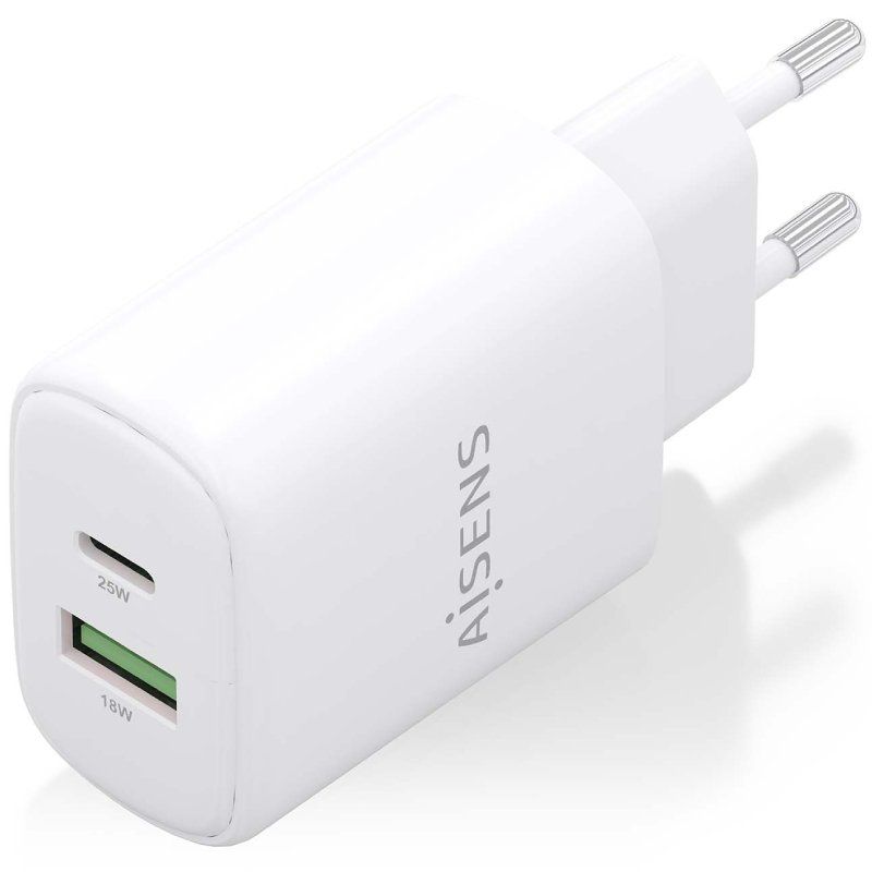 Cargador de Pared GaN - 25W -  1xUSB Tipo-C + 1xUSB - Aisens A110-0911 - Blanco