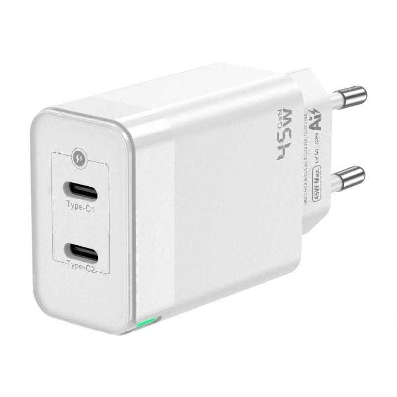 Cargador de Pared GaN - 45W - 2xUSB Tipo-C - ASCH-45W2P005-W - Blanco