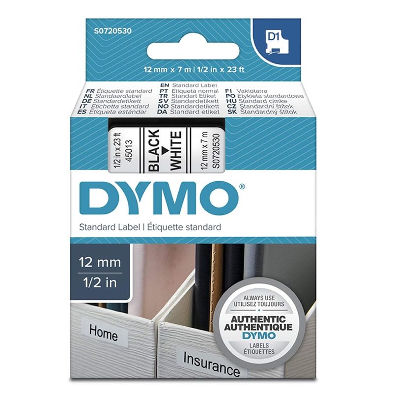 Cinta Rotuladora Adhesiva de Plástico Dymo D1 45013 - Para Label Manager - 12mm x 7m - Negra-Blanca - S0720530