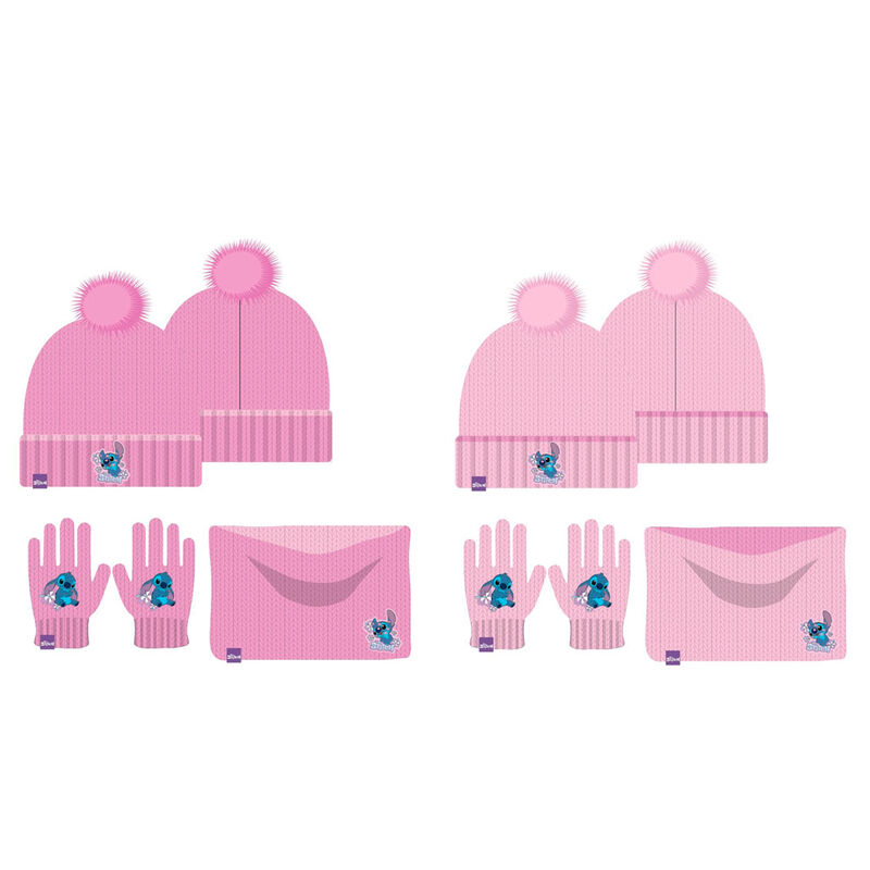 Conjunto Gorro, Guantes y Braga de Cuello Stitch Disney infantil - Rosa