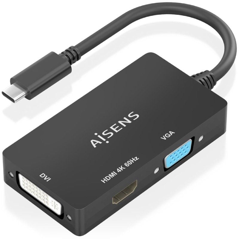 Conversor USB Tipo-C Macho a DVI + HDMI + VGA Hembra - 15cm - Negro - Aisens A109-0954