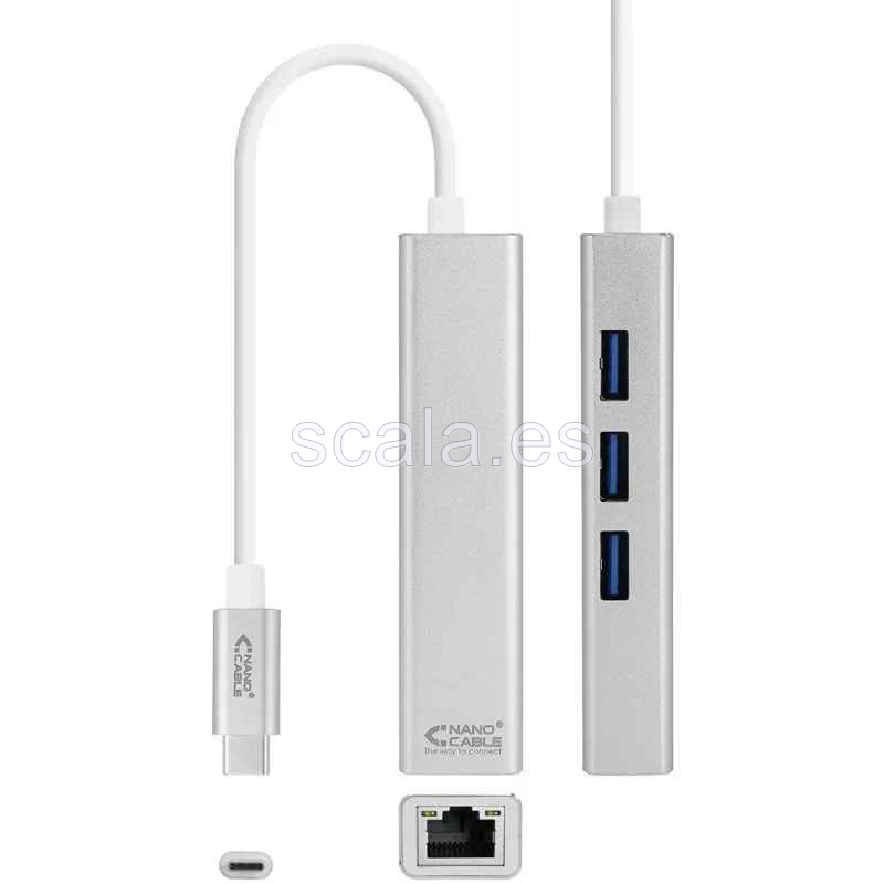 Hub USB Tipo-C - 3xUSB + 1xRJ45 - Gris - Nanocable 10.03.0404