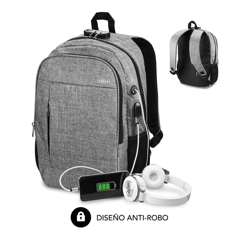 Mochila Subblim Urban Lock Grey - Para Portátiles Hasta 16" - Bloqueo Antirrobo - Puerto USB - Salida Auriculares