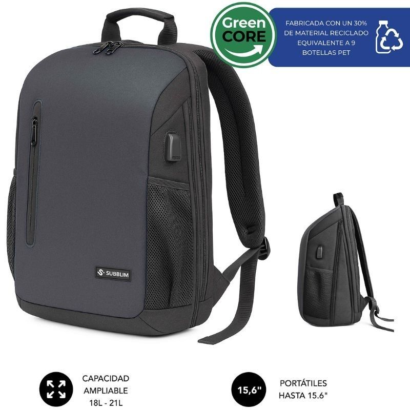 Mochila Subblim Xpand Air Padding Backpack - Para Portátiles Hasta 15.6" - Puerto USB - Negro