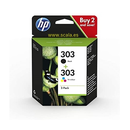 Pack 2 Cartuchos Originales HP Tinta - Negra + Color - Para Envy Photo 6230/7130/7134/7830 - Nº 303 - 3YM92AE