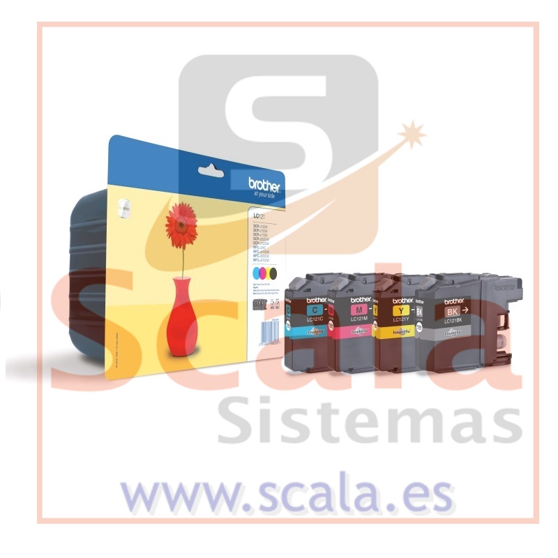 Pack 4 Cartuchos Brother LC121VALBP • Hasta 300 Páginas • Para DCP-J132W, DCP-J152W, MFCJ-650DW, MFC-J870DW