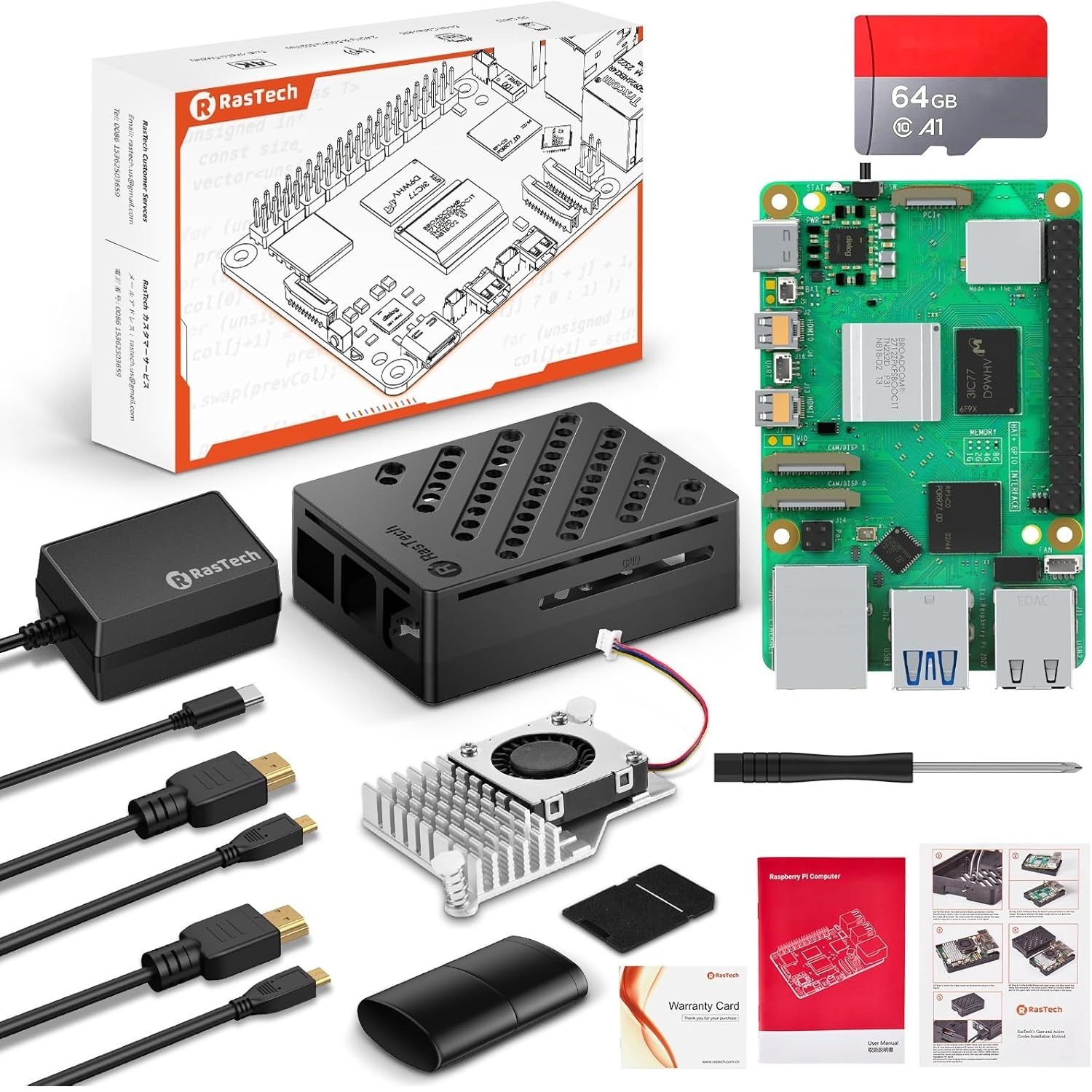 Raspberry Pi 5 8GB Kit Edición 64GB con Active Cooler - Pi5 8GB Board - Kit Lector de Tarjetas 64GB